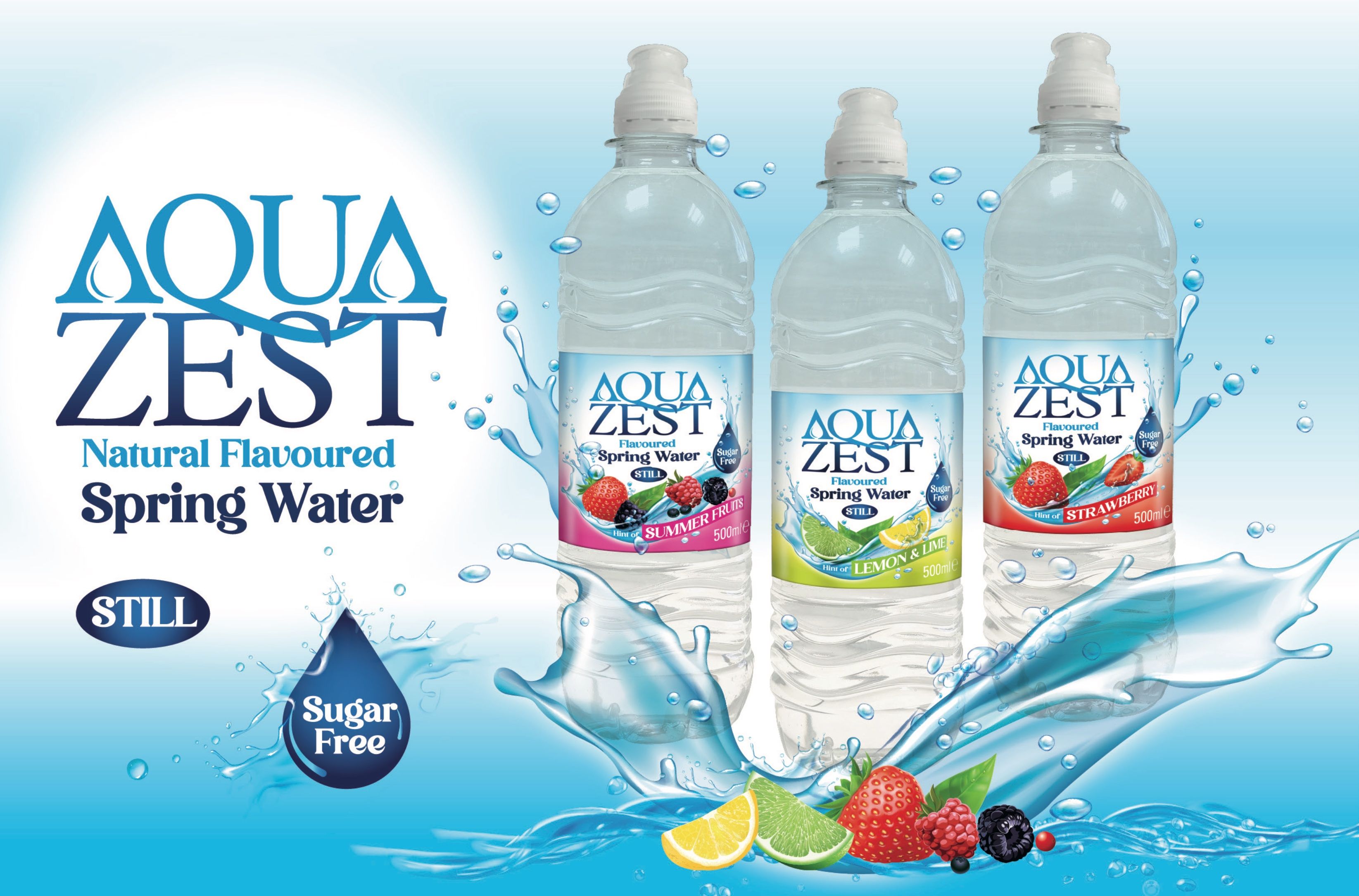 Aqua Zest flavoured spring water in summer fruits, lemon and lime, and strawberry